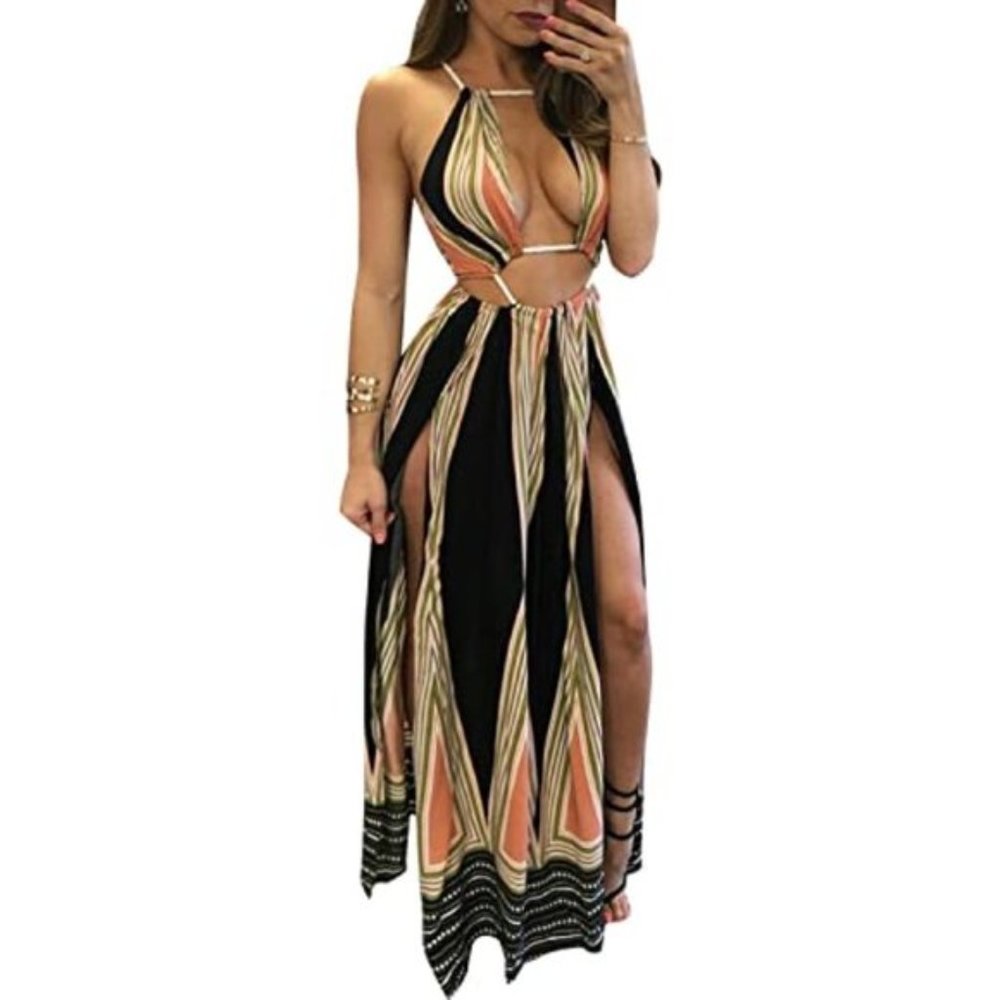 BIUBIU Women's Boho Floral Halter Summer Beach Party Split Cover Up Dress.
